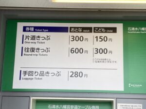 石清水八幡宮口駅のケーブルカーの乗車券の看板を撮影した写真